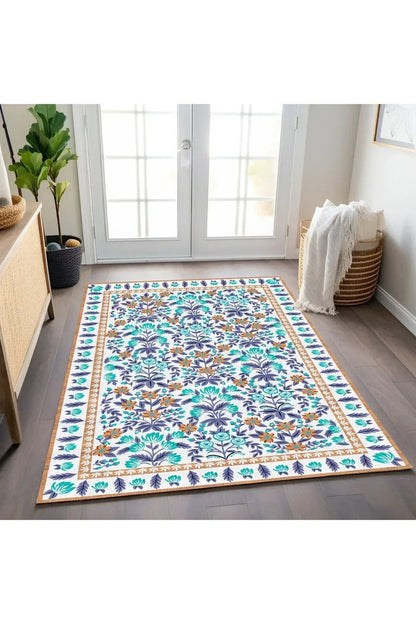 Halı Vagonu 192 Mor Turkuaz Çiçeksi Pastel Modern Dokuma Taban Halı - HALI VAGONU
