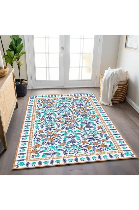 Halı Vagonu 192 Mor Turkuaz Çiçeksi Pastel Modern Dokuma Taban Halı - HALI VAGONU