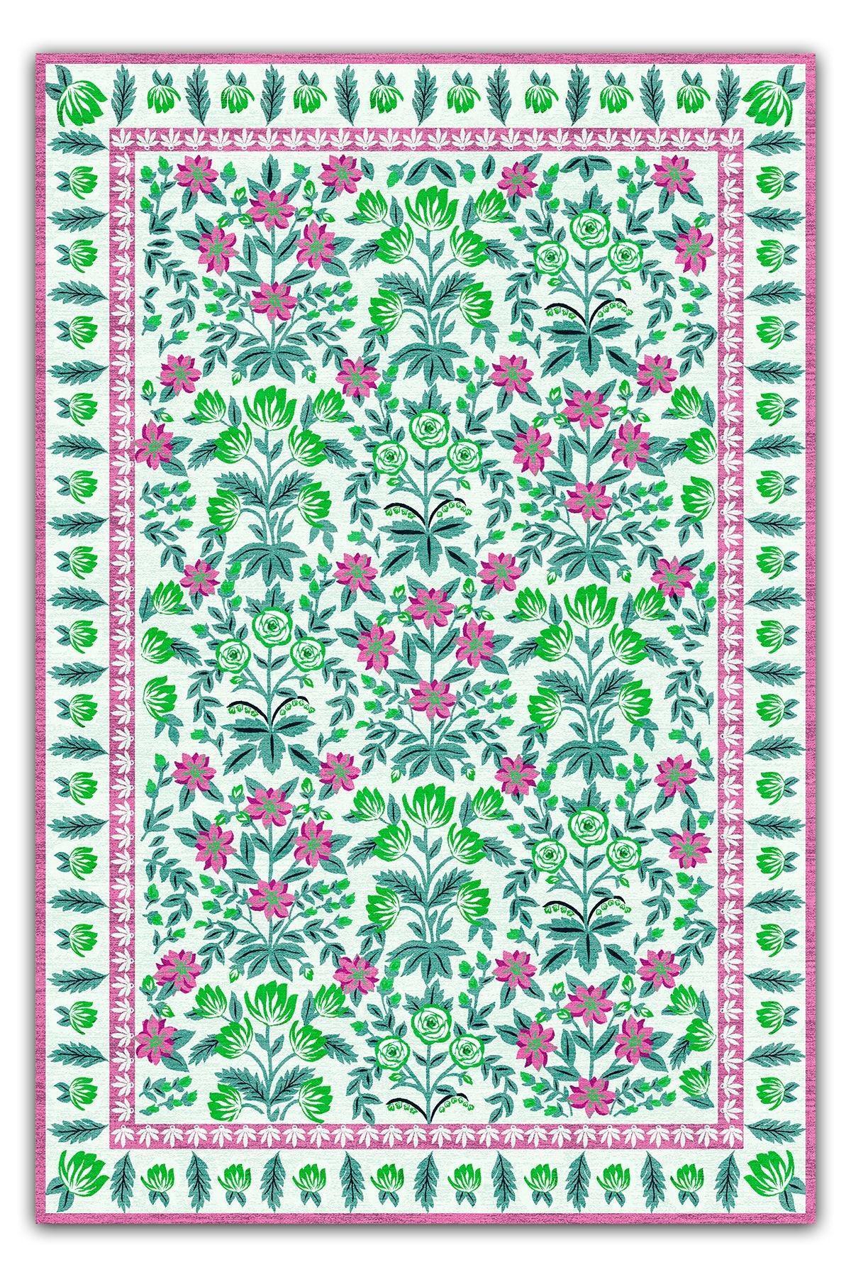 Halı Vagonu 193 Pembe Yeşil Çiçeksi Pastel Modern Dokuma Taban Halı - HALI VAGONU