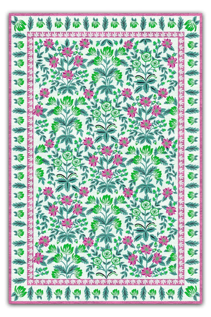 Halı Vagonu 193 Pembe Yeşil Çiçeksi Pastel Modern Dokuma Taban Halı - HALI VAGONU