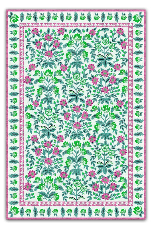 Halı Vagonu 193 Pembe Yeşil Çiçeksi Pastel Modern Dokuma Taban Halı - HALI VAGONU
