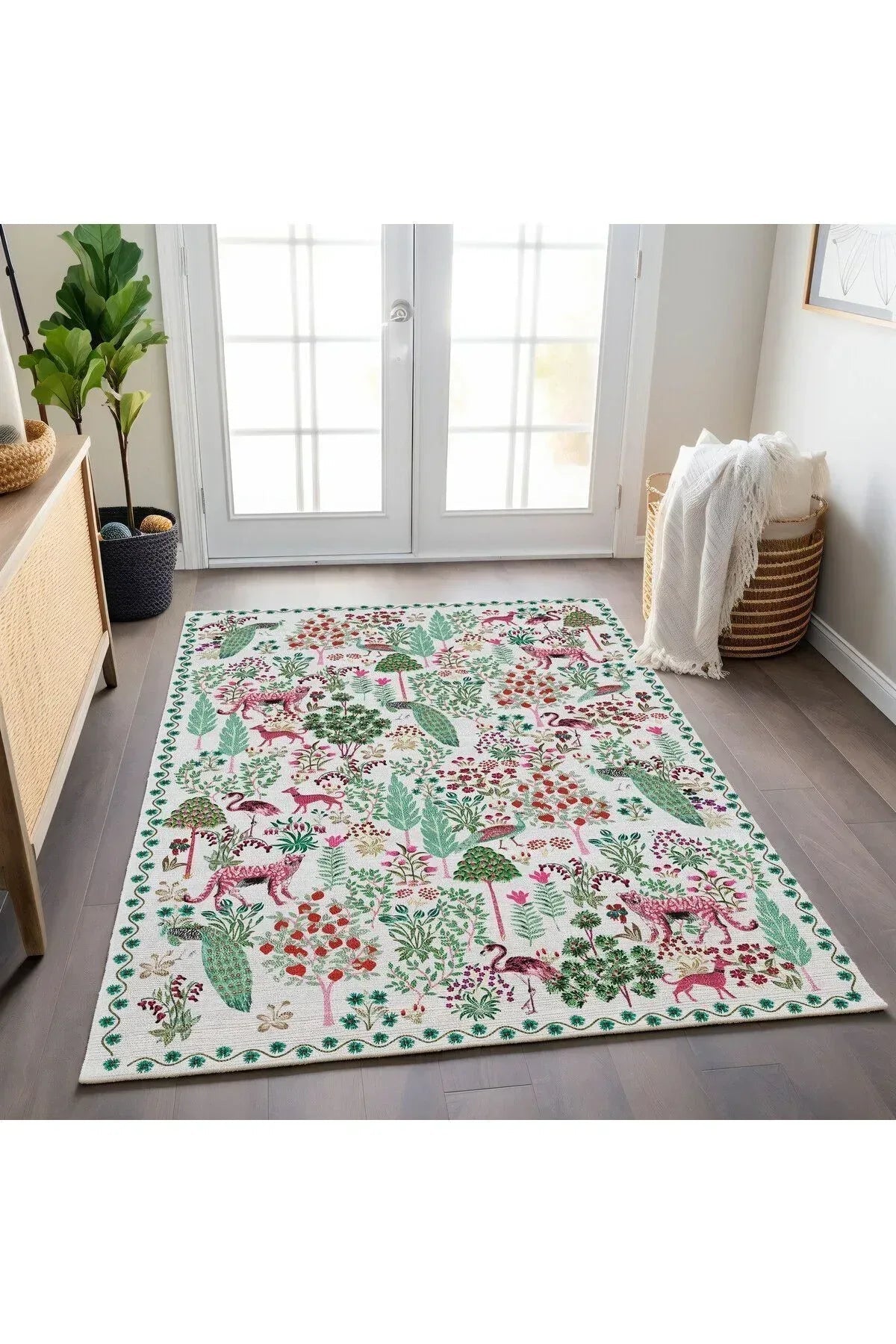 Halı Vagonu 195 Yeşil Pembe Botanik Çiçeksi Pastel Modern Dokuma Taban Halı - HALI VAGONU