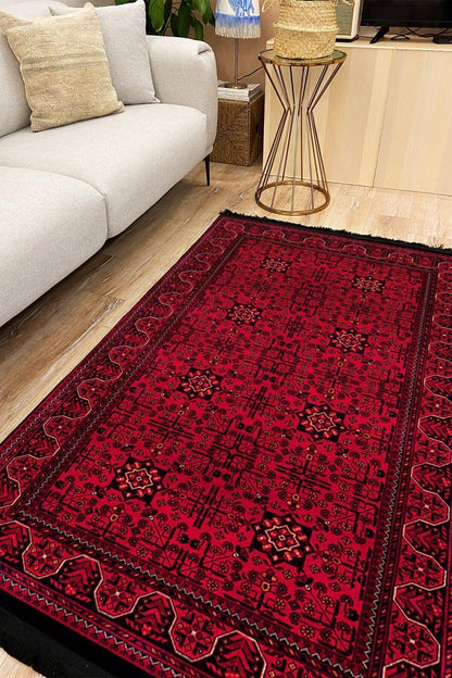 Halı Vagonu 2008 Kırmızı Tonda Bordürlü Geometrik Afgan Desen Kaymaz Taban Dekoratif Halı - HALI VAGONU