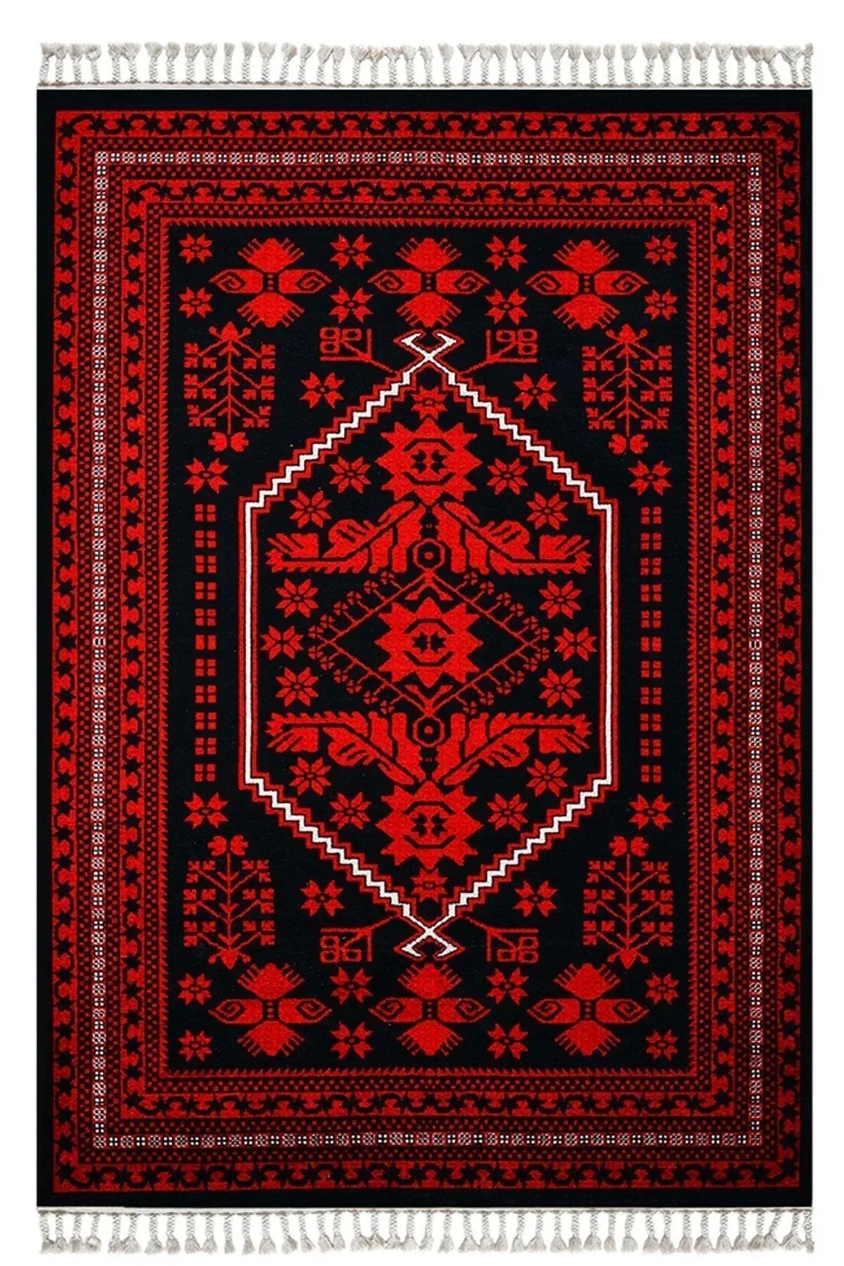 Halı Vagonu 2009 Kırmızı Siyah Bordürlü Etnik Vintage Görünüm Dokuma Taban Halı - HALI VAGONU