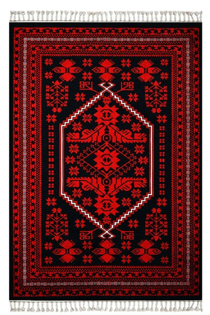 Halı Vagonu 2009 Kırmızı Siyah Bordürlü Etnik Vintage Görünüm Dokuma Taban Halı - HALI VAGONU
