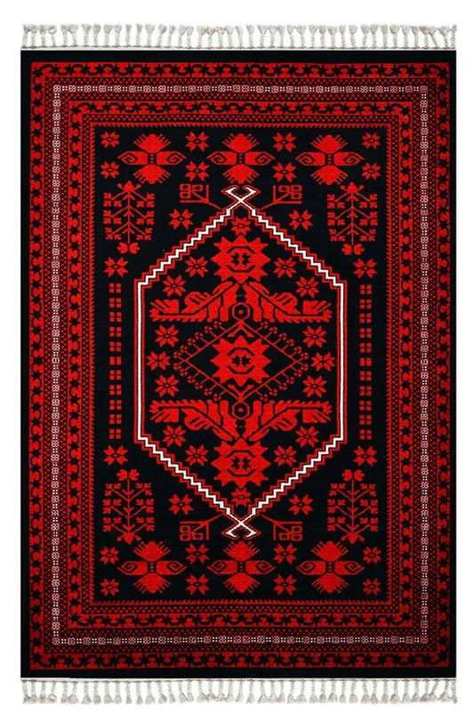Halı Vagonu 2009 Kırmızı Siyah Bordürlü Etnik Vintage Görünüm Dokuma Taban Halı - HALI VAGONU