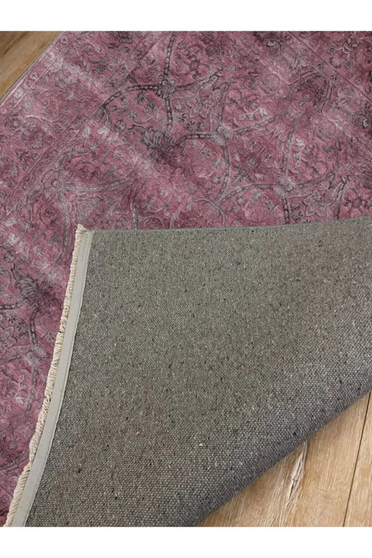 Halı Vagonu 2019 Fuşya Ve Gri Tonunda Etnik Desenli Kaymaz Taban Dekoratif Halı - HALI VAGONU