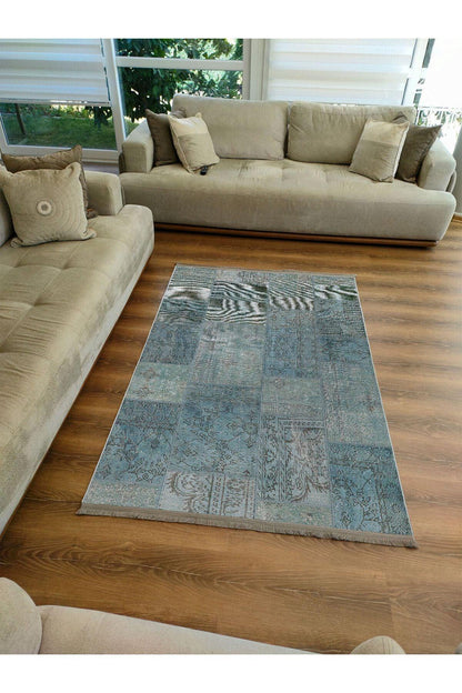 Halı Vagonu 2091 Mavi Tonlarında Patchwork Eskitme Desen Kaymaz Taban Dekoratif Halı - HALI VAGONU