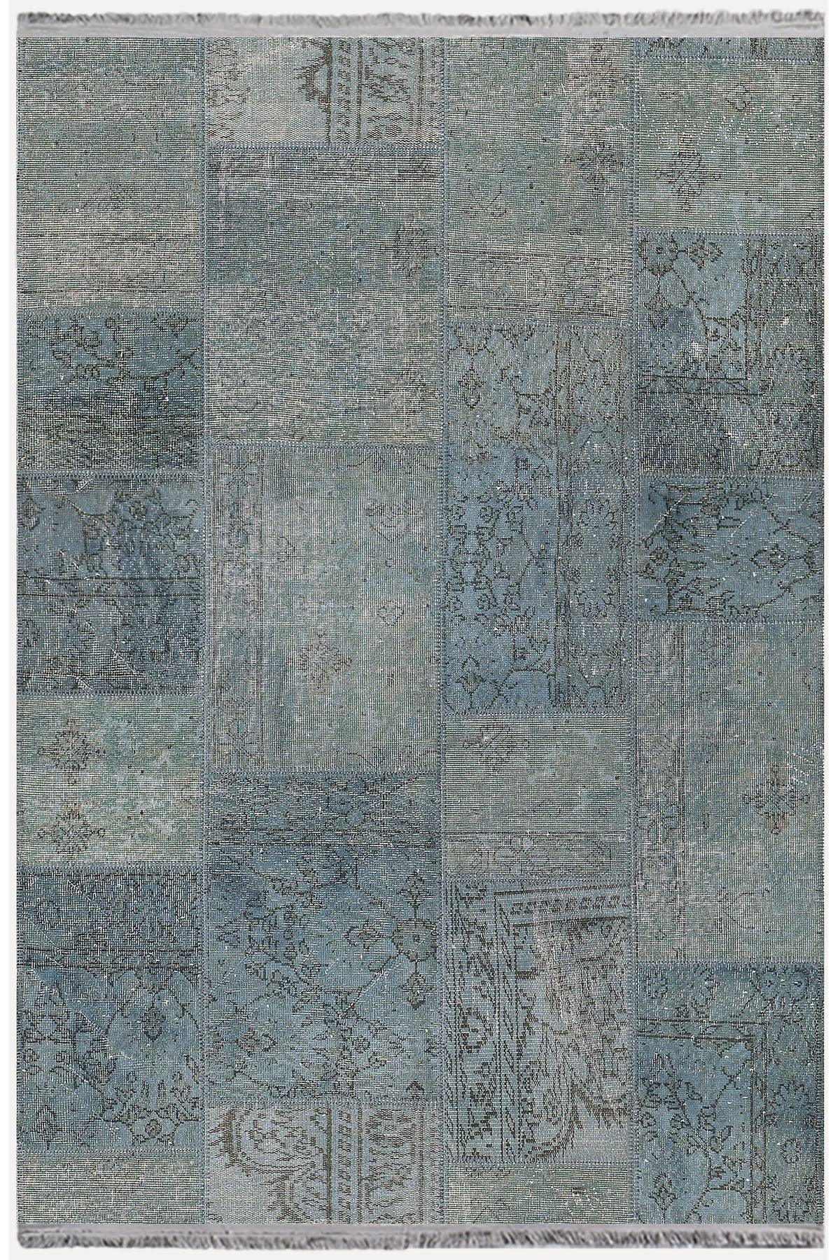 Halı Vagonu 2091 Mavi Tonlarında Patchwork Eskitme Desen Kaymaz Taban Dekoratif Halı - HALI VAGONU