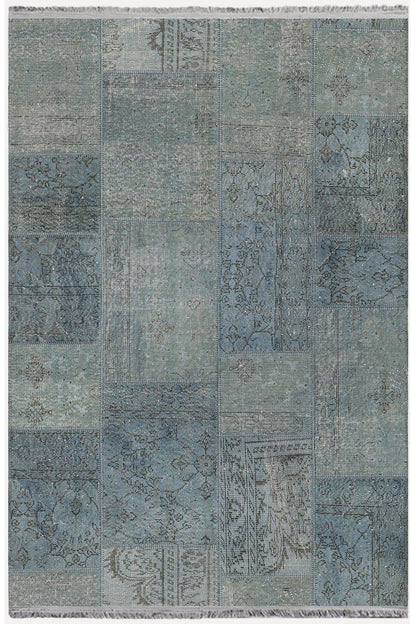 Halı Vagonu 2091 Mavi Tonlarında Patchwork Eskitme Desen Kaymaz Taban Dekoratif Halı - HALI VAGONU