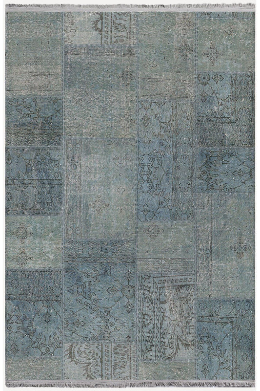 Halı Vagonu 2091 Mavi Tonlarında Patchwork Eskitme Desen Kaymaz Taban Dekoratif Halı - HALI VAGONU
