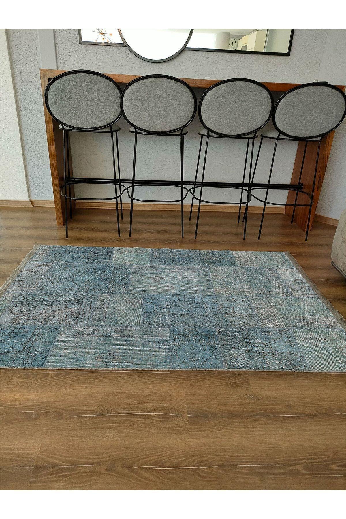 Halı Vagonu 2091 Mavi Tonlarında Patchwork Eskitme Desen Kaymaz Taban Dekoratif Halı - HALI VAGONU