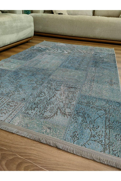 Halı Vagonu 2091 Mavi Tonlarında Patchwork Eskitme Desen Kaymaz Taban Dekoratif Halı - HALI VAGONU
