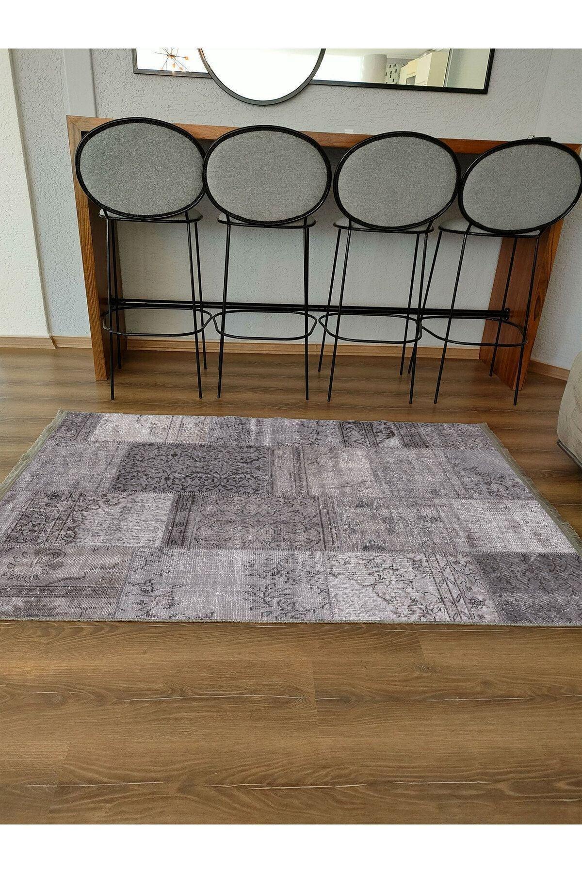 Halı Vagonu 2092 Gri Tonlarında Eskitme Patchwork Desen Kaymaz Taban Dekoratif Halı - HALI VAGONU