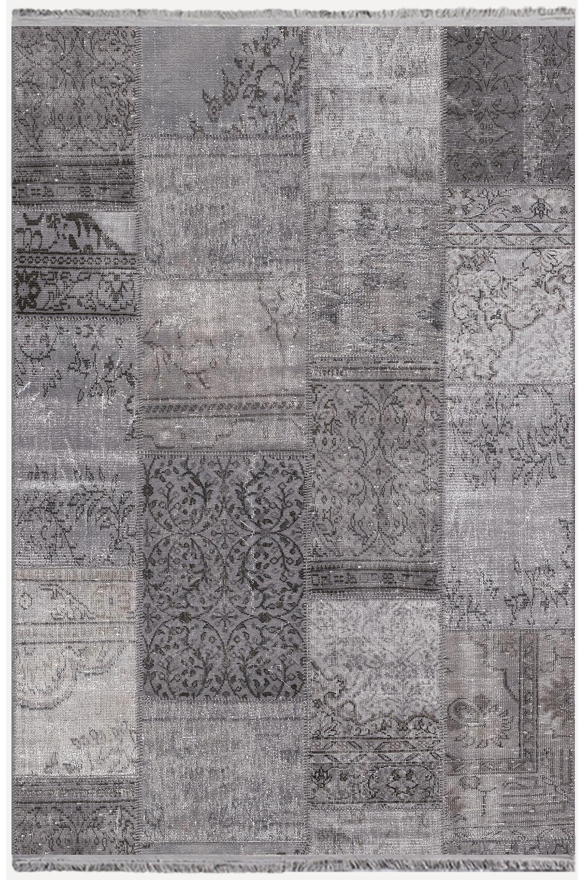 Halı Vagonu 2092 Gri Tonlarında Eskitme Patchwork Desen Kaymaz Taban Dekoratif Halı - HALI VAGONU