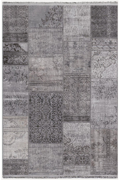 Halı Vagonu 2092 Gri Tonlarında Eskitme Patchwork Desen Kaymaz Taban Dekoratif Halı - HALI VAGONU