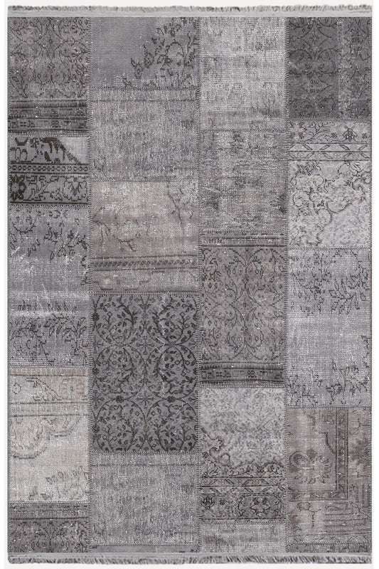 Halı Vagonu 2092 Gri Tonlarında Eskitme Patchwork Desen Kaymaz Taban Dekoratif Halı - HALI VAGONU