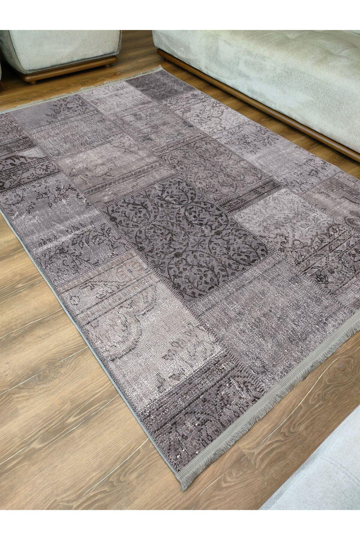 Halı Vagonu 2092 Gri Tonlarında Eskitme Patchwork Desen Kaymaz Taban Dekoratif Halı - HALI VAGONU