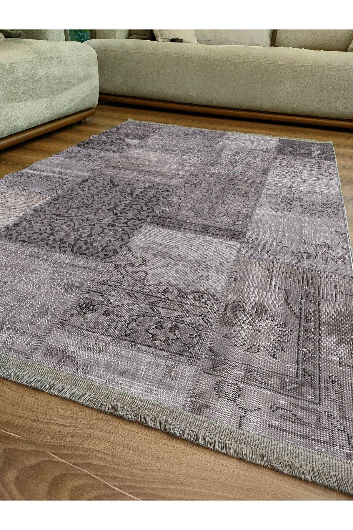 Halı Vagonu 2092 Gri Tonlarında Eskitme Patchwork Desen Kaymaz Taban Dekoratif Halı - HALI VAGONU