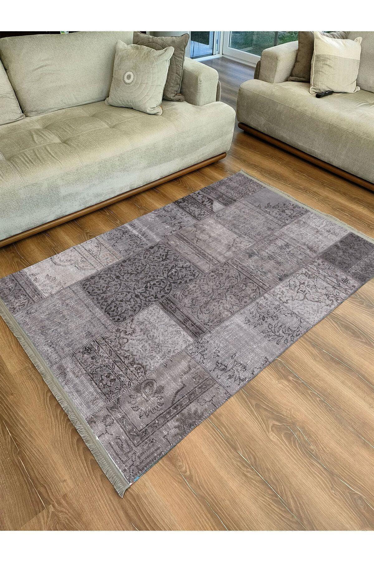 Halı Vagonu 2092 Gri Tonlarında Eskitme Patchwork Desen Kaymaz Taban Dekoratif Halı - HALI VAGONU