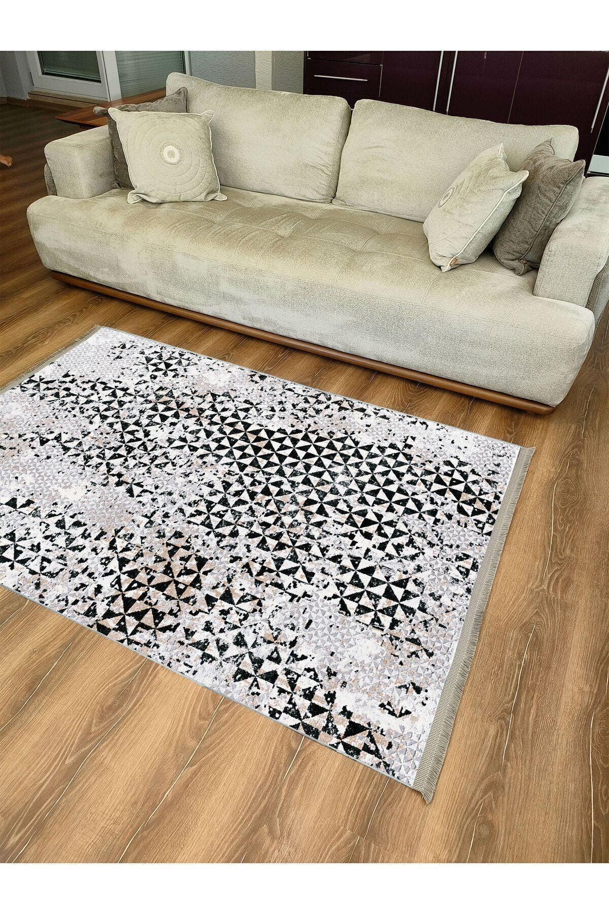 Halı Vagonu 2093 Gri Tonlarında Eskitme Geometrik Desen Kaymaz Taban Dekoratif Halı - HALI VAGONU