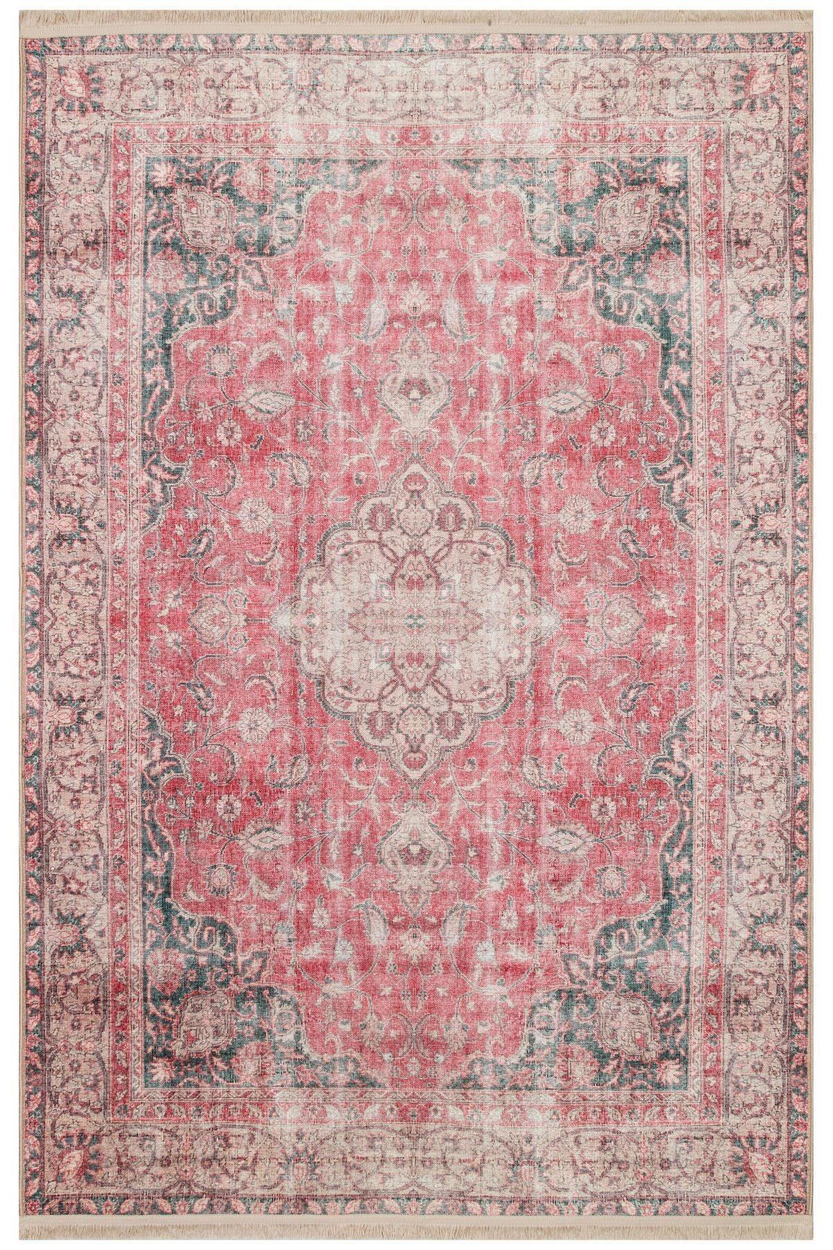 Halı Vagonu 2130 Kırmızı Gri Pastel Klasik Vintage Dokuma Taban Halı - HALI VAGONU