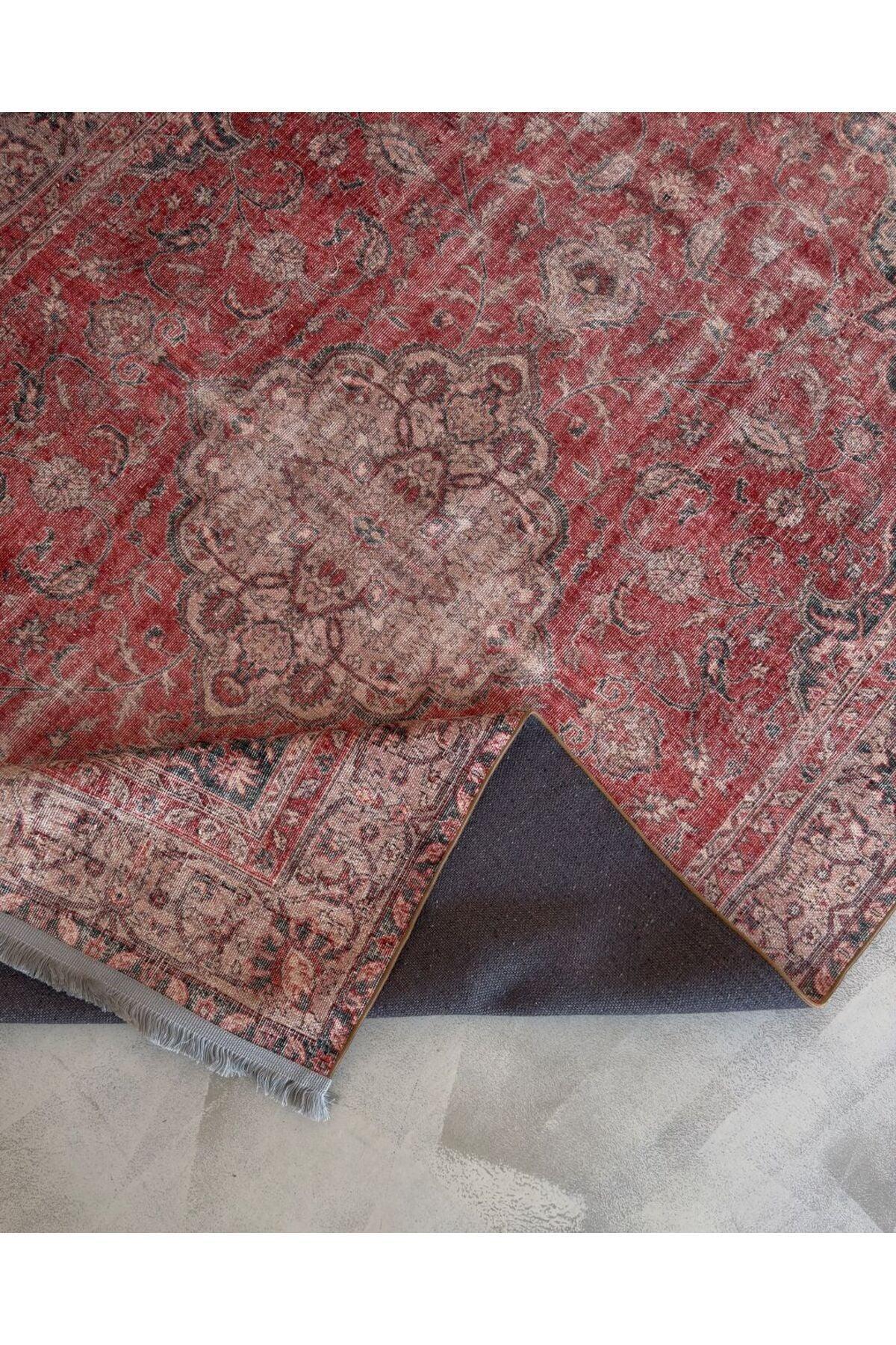 Halı Vagonu 2130 Kırmızı Gri Pastel Klasik Vintage Dokuma Taban Halı - HALI VAGONU