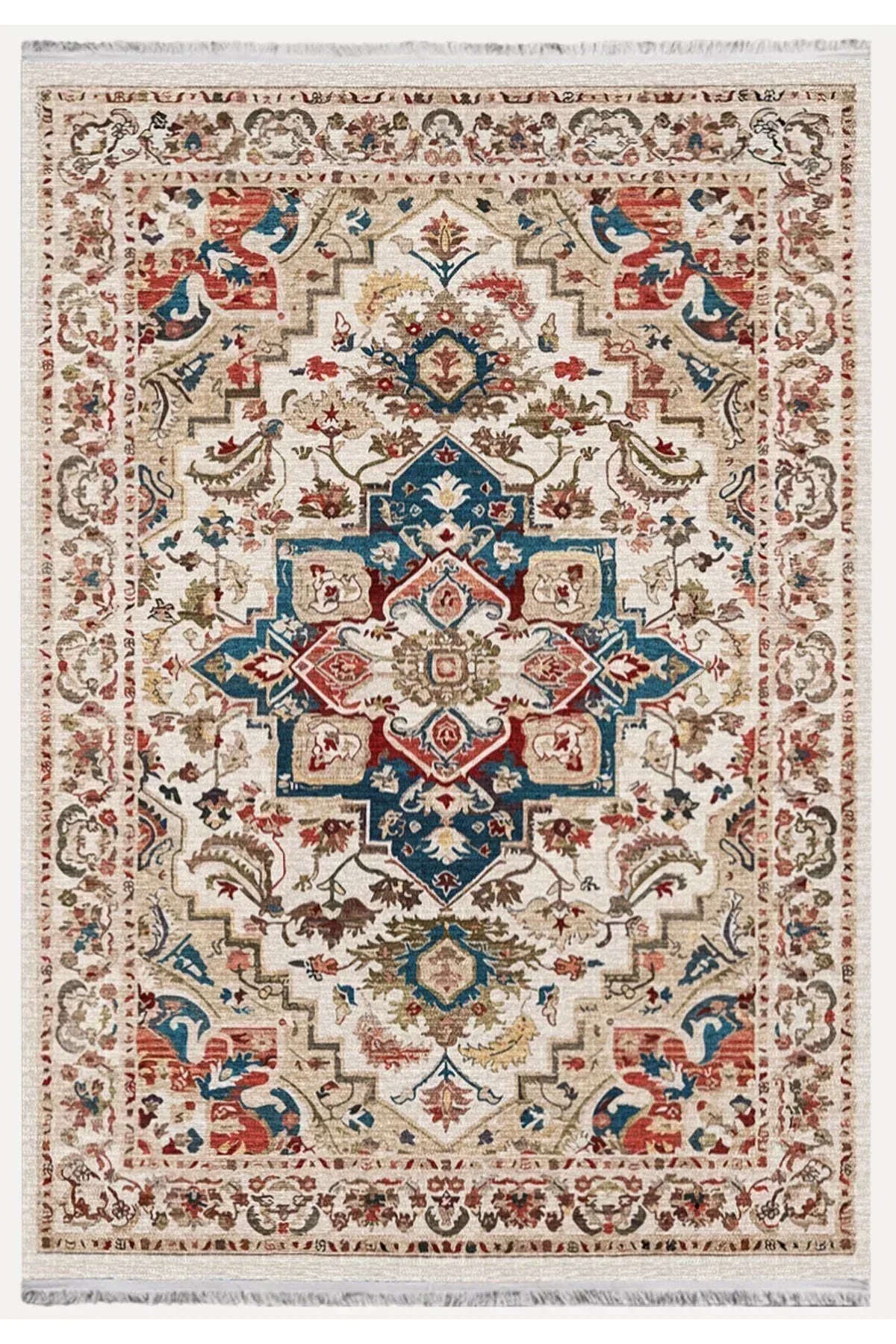 Halı Vagonu 2178 Krem Ve Bej Tonlarında Vintage Modern Saçaklı Yıkanabilen Dekoratif Halı - HALI VAGONU