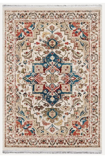 Halı Vagonu 2178 Krem Ve Bej Tonlarında Vintage Modern Saçaklı Yıkanabilen Dekoratif Halı - HALI VAGONU
