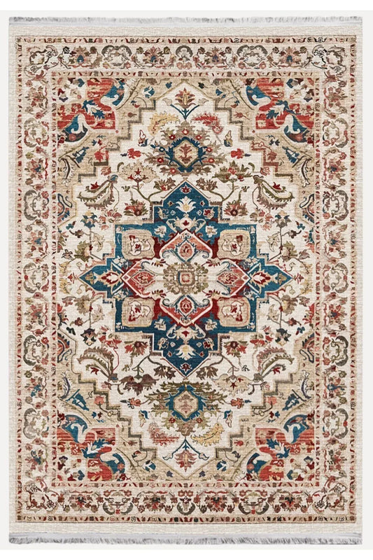 Halı Vagonu 2178 Krem Ve Bej Tonlarında Vintage Modern Saçaklı Yıkanabilen Dekoratif Halı - HALI VAGONU