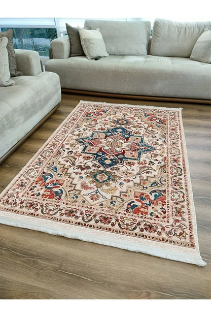Halı Vagonu 2178 Krem Ve Bej Tonlarında Vintage Modern Saçaklı Yıkanabilen Dekoratif Halı - HALI VAGONU