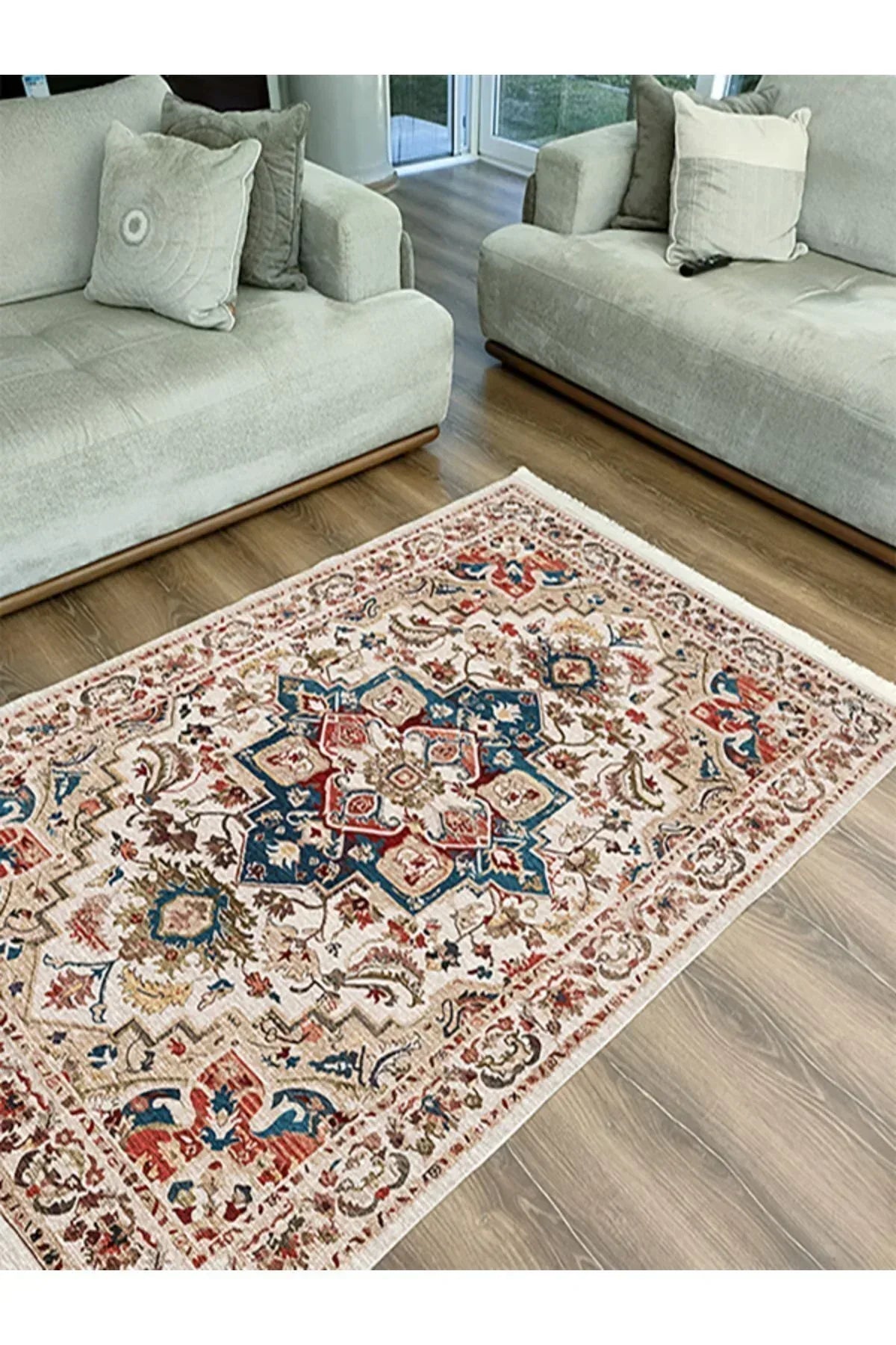 Halı Vagonu 2178 Krem Ve Bej Tonlarında Vintage Modern Saçaklı Yıkanabilen Dekoratif Halı - HALI VAGONU