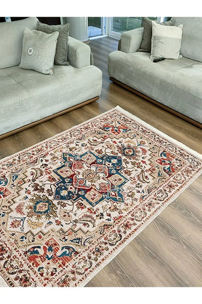 Halı Vagonu 2178 Krem Ve Bej Tonlarında Vintage Modern Saçaklı Yıkanabilen Dekoratif Halı - HALI VAGONU
