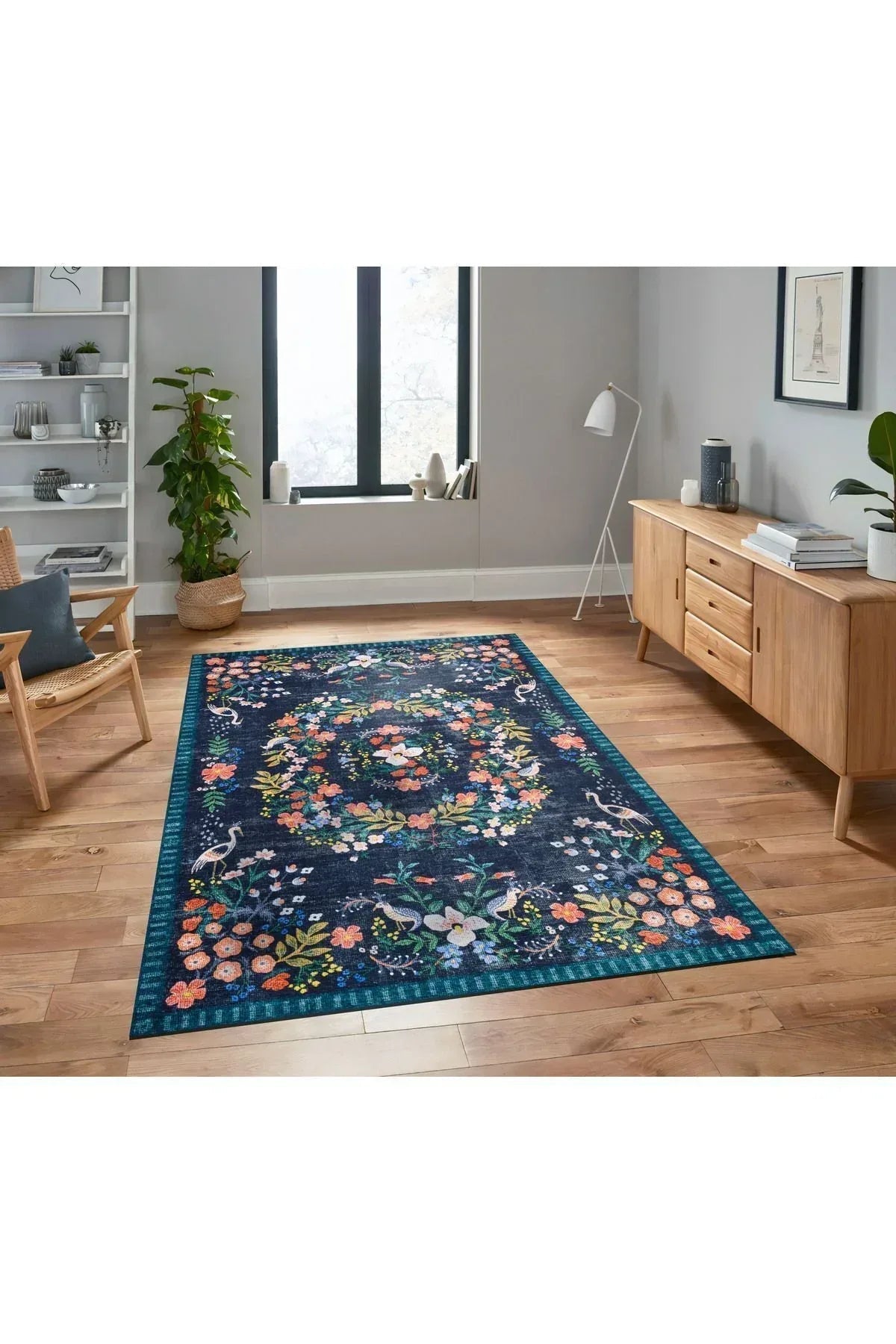 Halı Vagonu 2184 Lacivert Botanik Floral Çiçeksi Modern Ve Country Stil Dokuma Taban Halı - HALI VAGONU