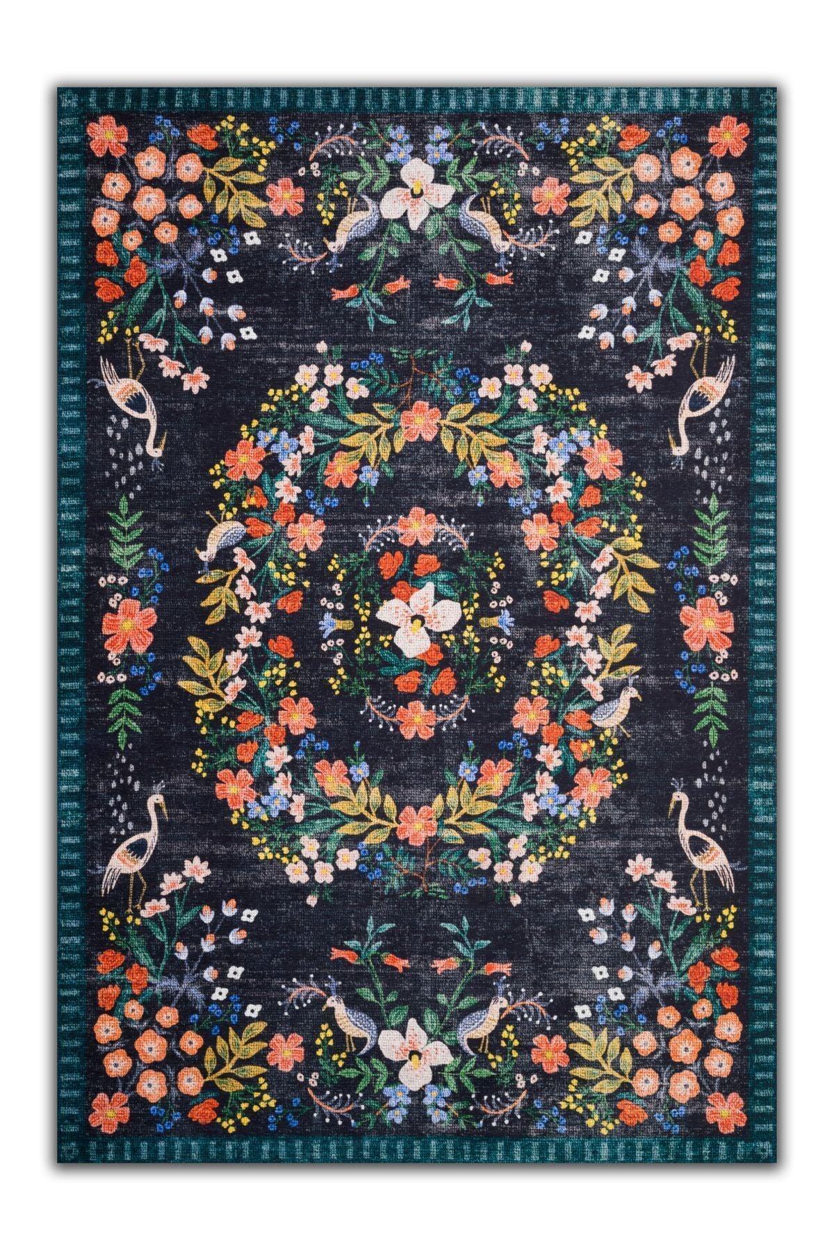 Halı Vagonu 2184 Lacivert Botanik Floral Çiçeksi Modern Ve Country Stil Dokuma Taban Halı - HALI VAGONU