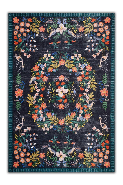 Halı Vagonu 2184 Lacivert Botanik Floral Çiçeksi Modern Ve Country Stil Dokuma Taban Halı - HALI VAGONU