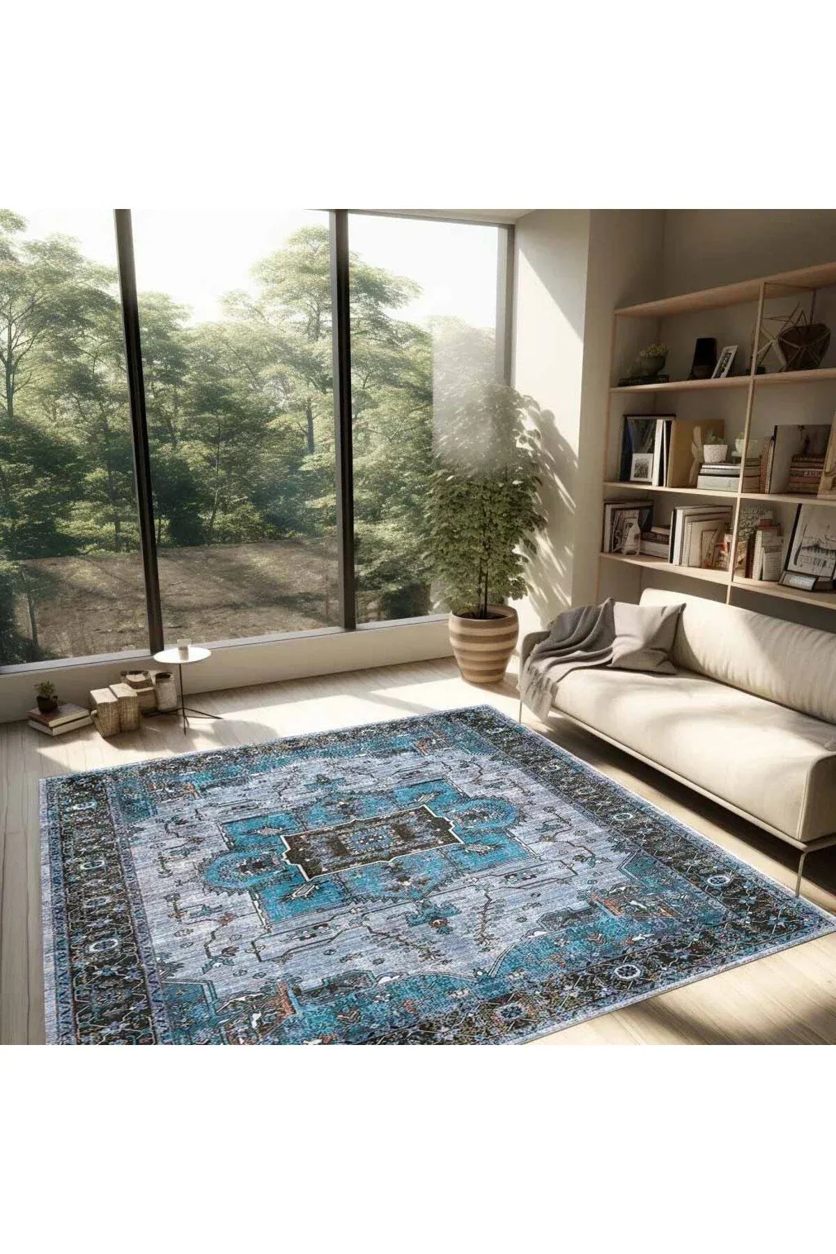 Halı Vagonu 2251 Mavi Bordürlü Modern Yıkanabilen Dokuma Taban Dekoratif Halı - HALI VAGONU