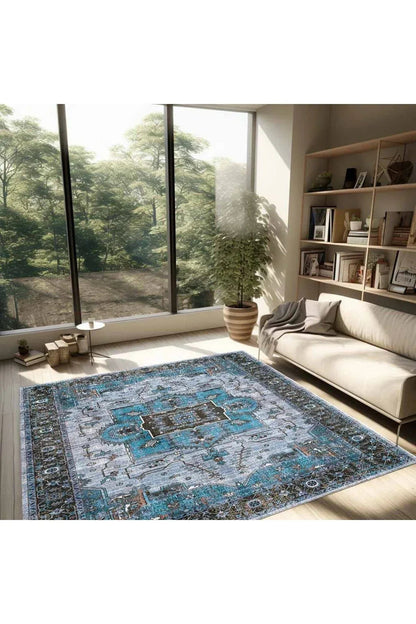 Halı Vagonu 2251 Mavi Bordürlü Modern Yıkanabilen Dokuma Taban Dekoratif Halı - HALI VAGONU