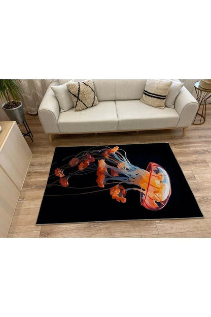 Halı Vagonu 42 Modern Stil Siyah Deniz Anası Salon Halısı Pelüş Halı Yıkanabilen Dekoratif Halı - HALI VAGONU