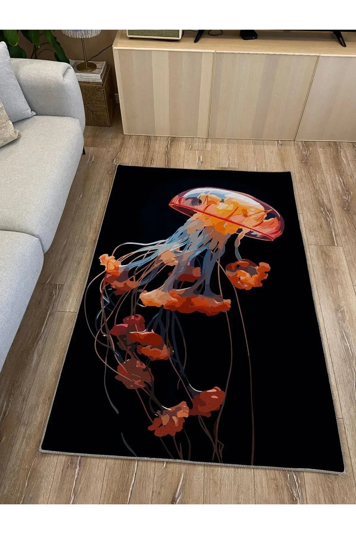 Halı Vagonu 42 Modern Stil Siyah Deniz Anası Salon Halısı Pelüş Halı Yıkanabilen Dekoratif Halı - HALI VAGONU