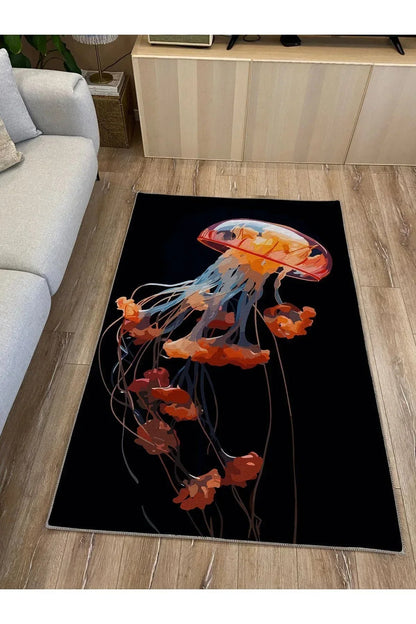 Halı Vagonu 42 Modern Stil Siyah Deniz Anası Salon Halısı Pelüş Halı Yıkanabilen Dekoratif Halı - HALI VAGONU