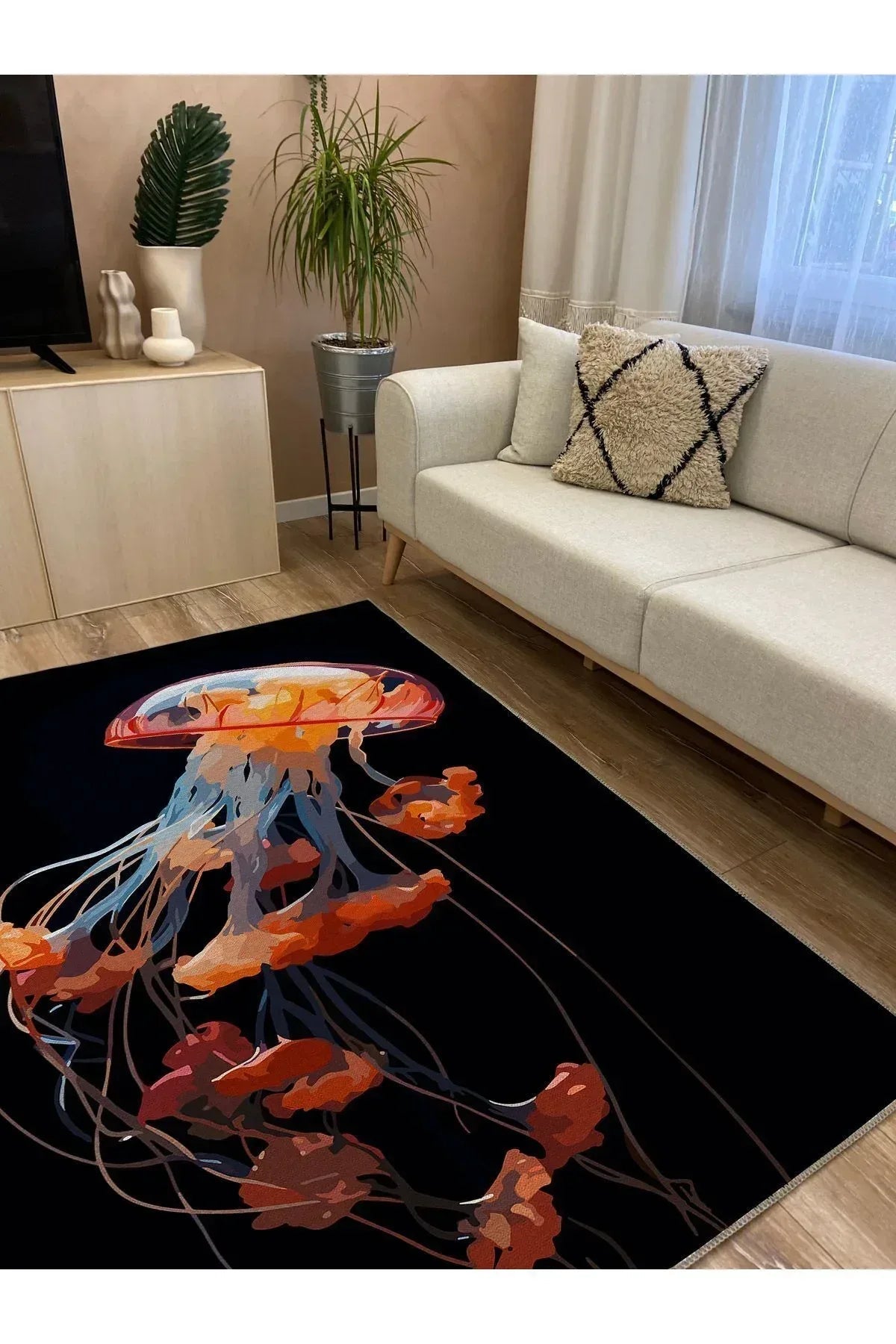Halı Vagonu 42 Modern Stil Siyah Deniz Anası Salon Halısı Pelüş Halı Yıkanabilen Dekoratif Halı - HALI VAGONU
