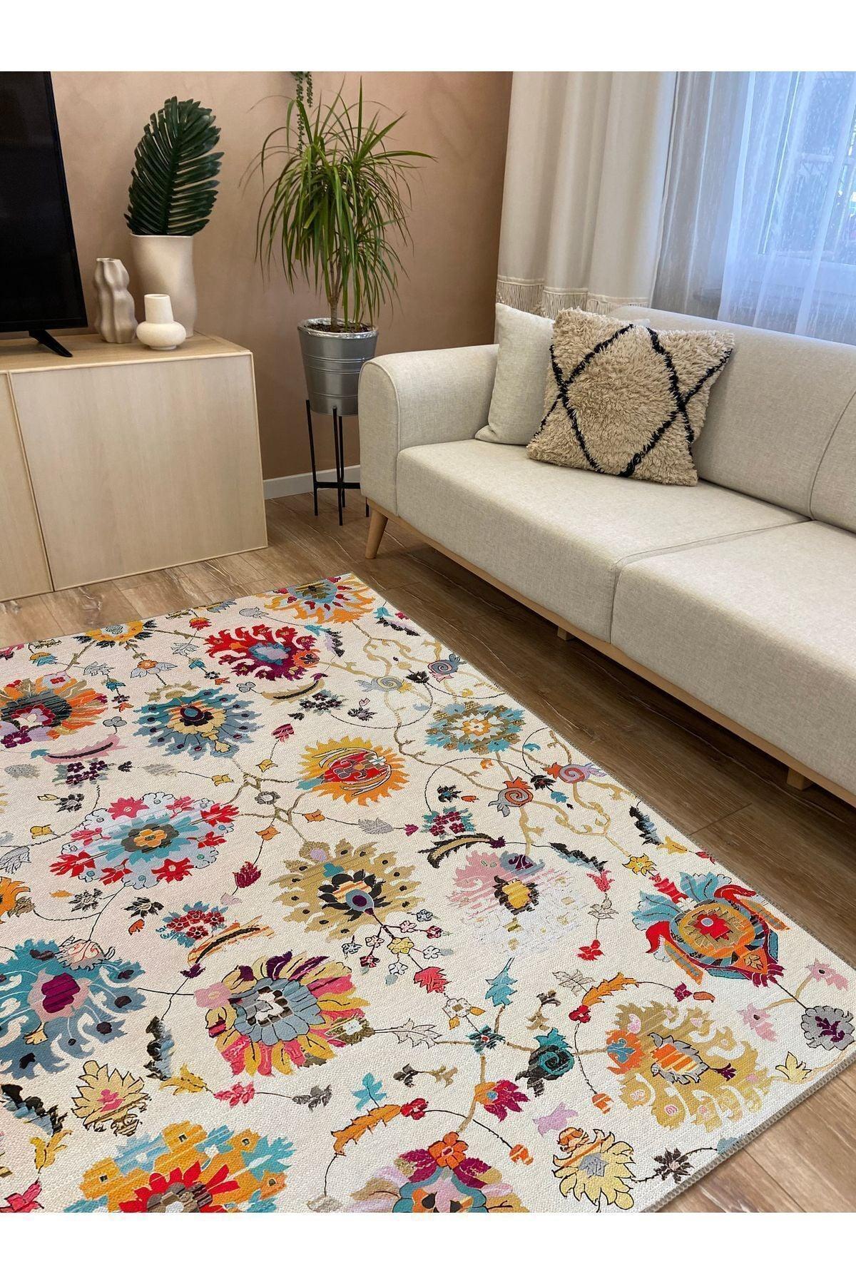 Halı Vagonu 68 Krem Tonunda Dekoratif Salon Halısı Saçaklı Yıkanabilen Dekoratif Halı - HALI VAGONU
