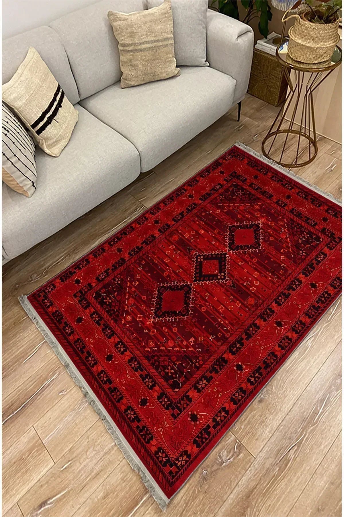 Halı Vagonu 90 Kırmızı Tonlarında Klasık Dekoratif Kilim Salon Halısı Saçaklı Yıkanabilen Halı - HALI VAGONU