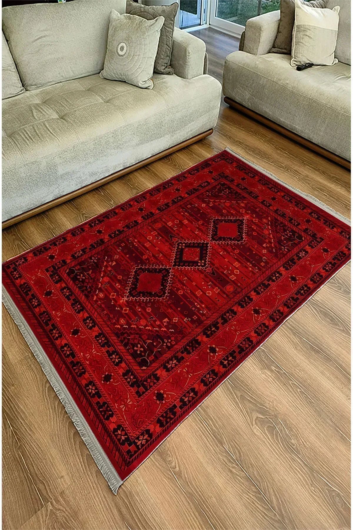 Halı Vagonu 90 Kırmızı Tonlarında Klasık Dekoratif Kilim Salon Halısı Saçaklı Yıkanabilen Halı - HALI VAGONU