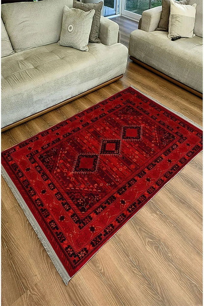 Halı Vagonu 90 Kırmızı Tonlarında Klasık Dekoratif Kilim Salon Halısı Saçaklı Yıkanabilen Halı - HALI VAGONU