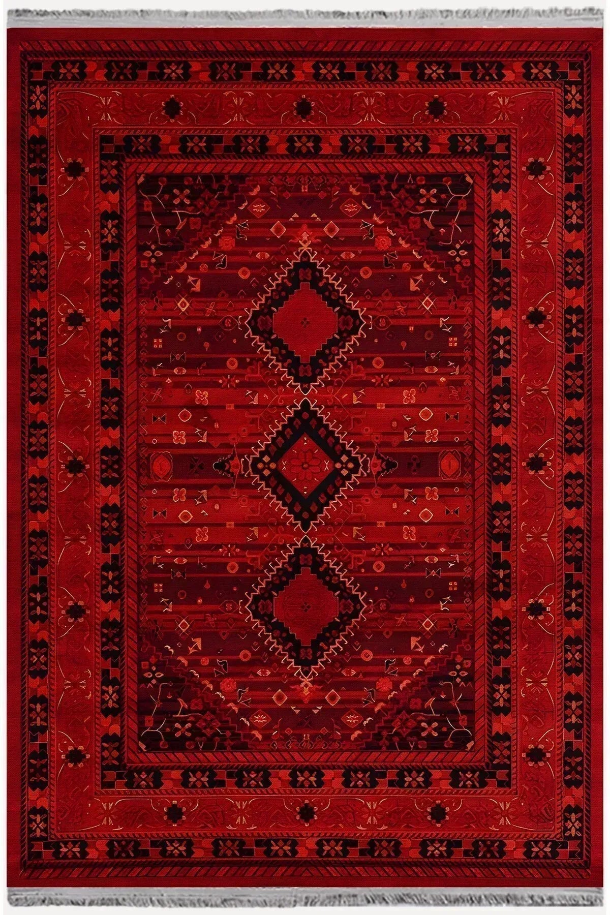 Halı Vagonu 90 Kırmızı Tonlarında Klasık Dekoratif Kilim Salon Halısı Saçaklı Yıkanabilen Halı - HALI VAGONU