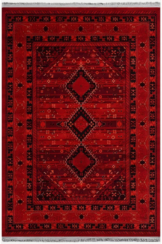 Halı Vagonu 90 Kırmızı Tonlarında Klasık Dekoratif Kilim Salon Halısı Saçaklı Yıkanabilen Halı - HALI VAGONU