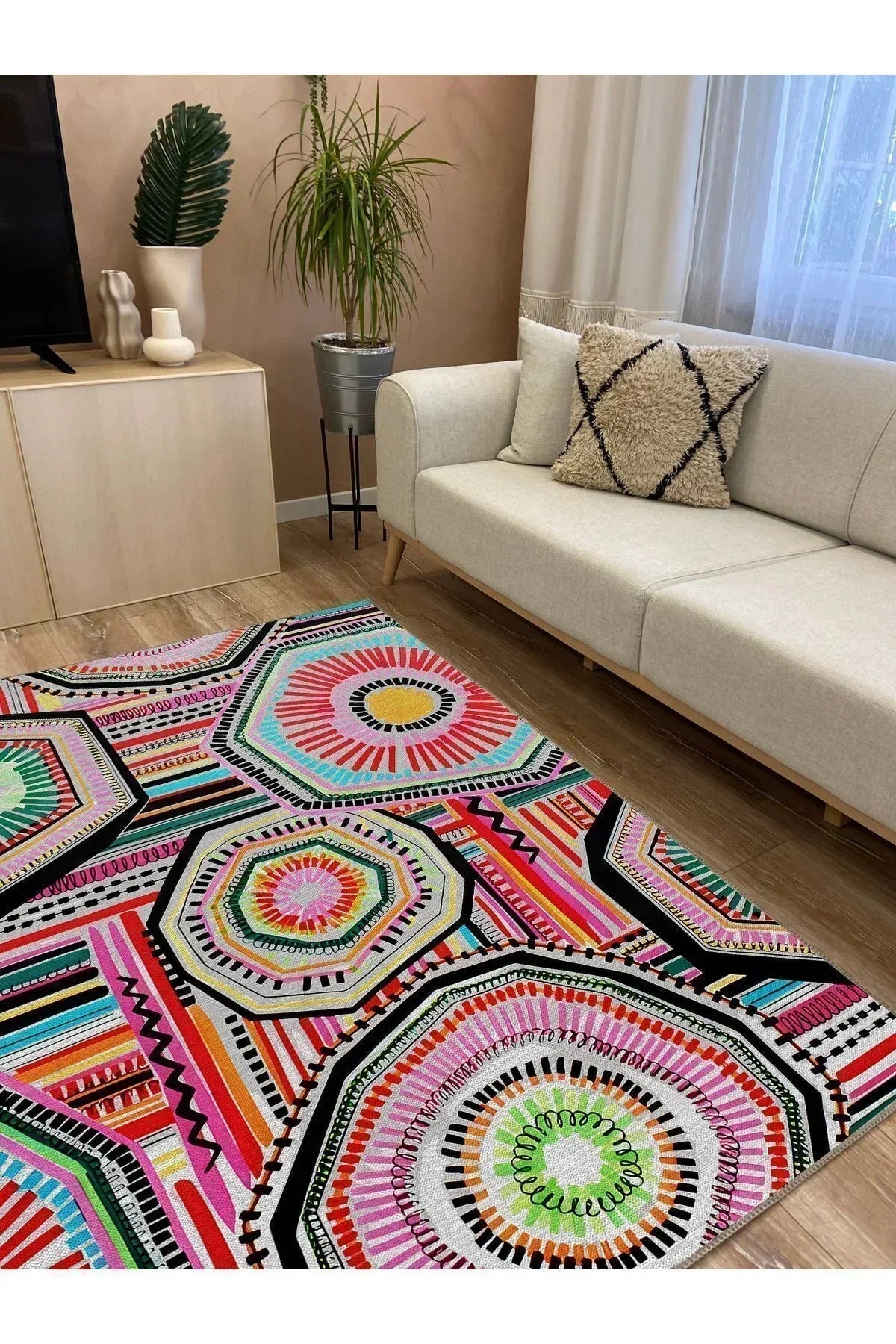 Halı Vagonu 92 Fuşya Tonlarında Klasık Dekoratif Kilim Salon Halısı Saçaklı Yıkanabilen Halı - HALI VAGONU