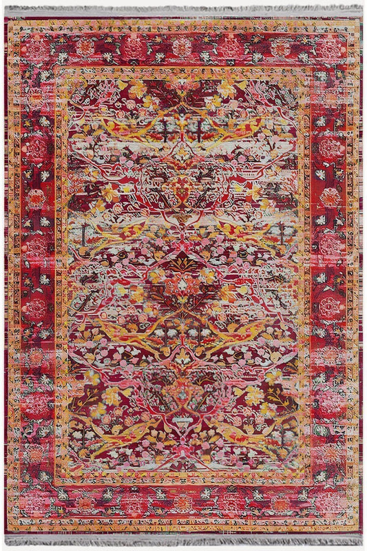 Halı Vagonu 93 Fuşya Tonlarında Klasık Dekoratif Kilim Salon Halısı Saçaklı Yıkanabilen Halı - HALI VAGONU
